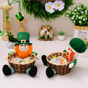 St. Patrick's Day gnome candy basket set with green clover hats and woven storage design