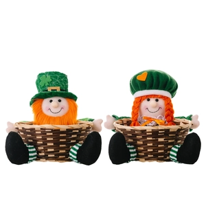 St. Patrick's Day gnome candy basket set with green clover hats and orange beards