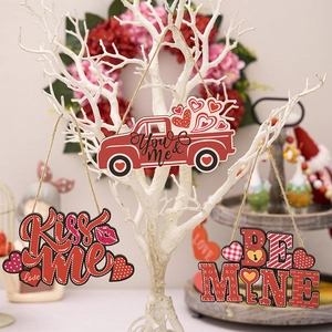 Hanging Valentine's wooden pendants featuring retro truck and 'Kiss Me' heart designs