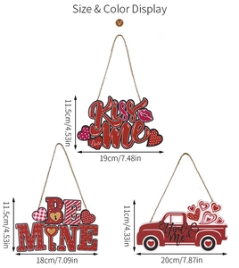 Detail view of Valentine heart wooden ornaments with dimensions for festive home decoration
