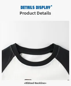 Close-up of the ribbed crew neck and clean stitching on a raglan sleeve cotton T-shirt