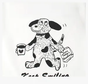 Detail of cotton white T-shirt featuring a dog illustration and Joy In Life text print