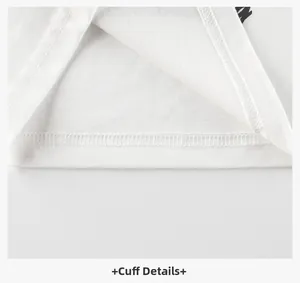 Detail view of the white cotton T-shirt cuff showing fine double-needle stitching quality