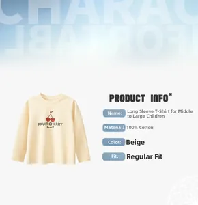 Detail view of cream long sleeve cotton T-shirt with cherry print and fabric specs
