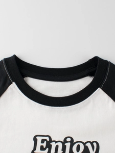 Classic kids black and white raglan sleeve T-shirt with Enjoy print for casual wear