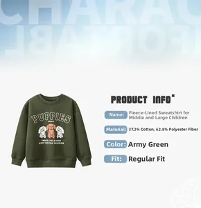 Detail view of army green fleece sweatshirt showing cotton-blend fabric and puppy prints
