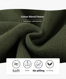 Macro detail of dark green thick cotton fleece fabric with soft texture and fiber detail