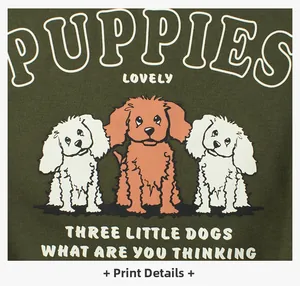 Detailed view of the dark green knit fabric with cute cartoon puppy prints and typography