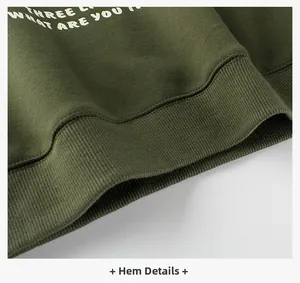 Detail shot of army green hoodie showing ribbed hem and white graphic print texture