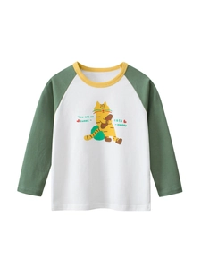Girls Cotton Raglan T-Shirt Long Sleeve Round Neck Cartoon Cat Print Color Block Soft Toddler Top