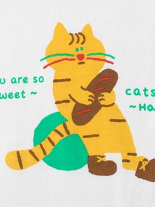 White cotton long-sleeve T-shirt for girls featuring a cute yellow cat and sweet text