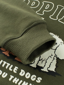 Kids fleece sweatshirt in dark green with ribbed cuffs and cute poodle graphic