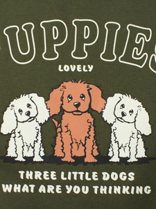Deep green kids hoodie featuring cute cartoon puppy prints and PUPPIES typography