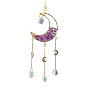 Amethyst crystal crescent moon suncatcher with golden wire and hanging faceted prisms