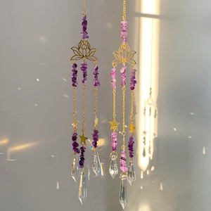Amethyst Lotus Suncatcher Hanging Crystal Window Decor With Metal Star Prisms For Boho Home Garden Ornament