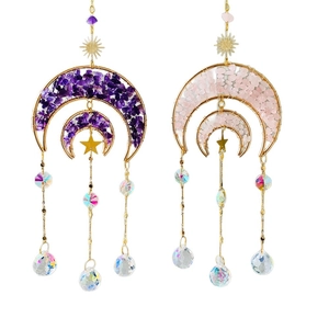 Rose quartz and amethyst moon suncatchers with crystal prisms for home window decor