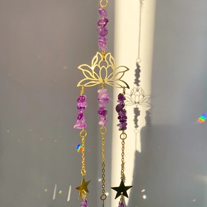 Amethyst lotus suncatcher with golden metal stars and faceted crystals for window hanging