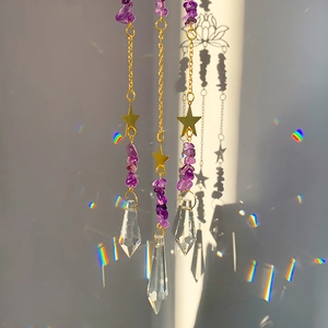 Detailed view of amethyst crystal lotus suncatchers reflecting rainbow light on a wall