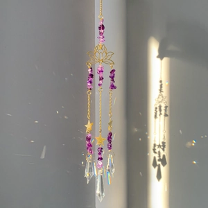 Detailed view of amethyst crystal suncatcher with golden lotus and rainbow light prisms