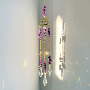 Amethyst lotus suncatcher with metal chains and faceted crystal prisms for windows