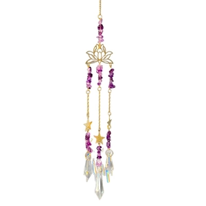 Amethyst lotus suncatcher with gold chains and clear crystal pendants for window decor