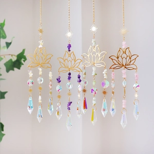 Χειροποίητο Lotus Sun Catcher Κρεμαστό Διακοσμητικό Πρίσμα Κρυστάλλου Αμέθυστου Χρυσό Μεταλλικό Μουσικό Κρεμαστό Διακόσμηση Σπιτιού Κήπου Παραθύρου