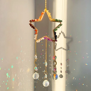 Detailed pentagram suncatcher with colorful crushed stones and crystal ball rainbow prism