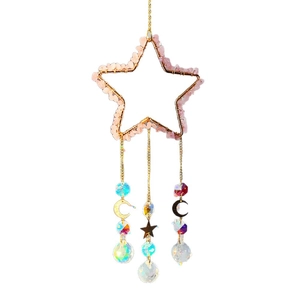 Star-shaped crystal suncatcher with natural pink crushed stones and faceted prism balls