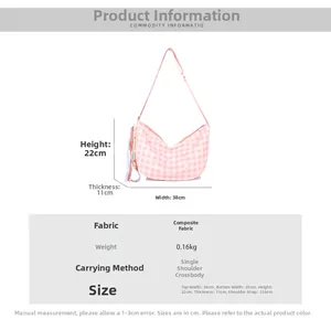 Size chart for pink checkered hobo bag with detailed dimensions and material info