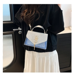 Detail of glitter flap and transparent geometric blue body with golden tassel charm