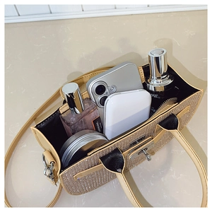 Top view showing spacious interior and golden sequin texture of the stylish tote bag