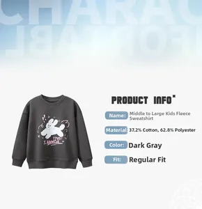 Detail info showing a grey fleece hoodie for kids with cartoon rabbit and fabric composition