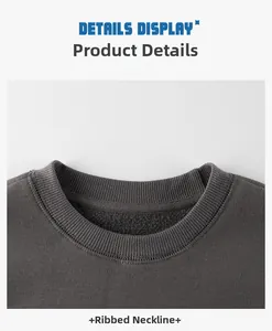 Detailed close-up of the ribbed crew neck and soft fleece lining of the grey sweatshirt