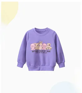 Detail of lavender fleece sweatshirt with five cute animal prints and ribbed cuffs