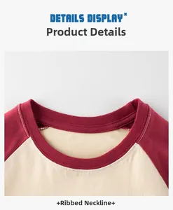 Vue détaillée du col en maille côtelée et du tissu en coton bicolore du t-shirt manches longues