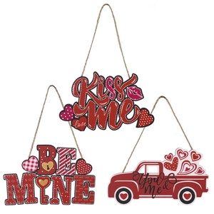 Three-piece Valentine's Day wooden hanging ornaments with Kiss Me and Be Mine heart designs