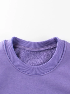 Close-up of purple crewneck fleece sweatshirt showing ribbed neckline and warm inner lining
