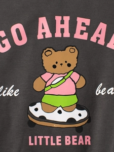 Donkergrijze katoenen kindersweater met een grafische beer op een skateboard print