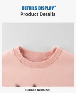 Detail of pink sweatshirt featuring a ribbed neckline and soft fleece lining texture