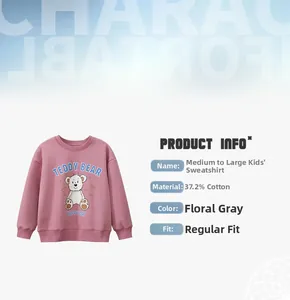 Detailed view of kids crewneck sweatshirt with cute teddy bear print and product specs