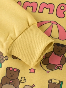 Yellow fleece-lined sweatshirt with teddy bear print and ribbed cuffs for young girls