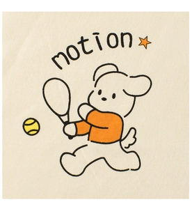 Close-up of screen-printed cartoon puppy and motion text on cream cotton knit t-shirt