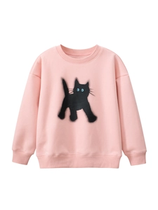 Girls Casual Cotton Blend Fleece Lined Sweatshirt Cute Cartoon Cat Print Round Neck Long Sleeve Pullover For Kids