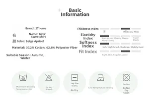 Size chart and fabric details for girls' fleece sweatshirt with material information