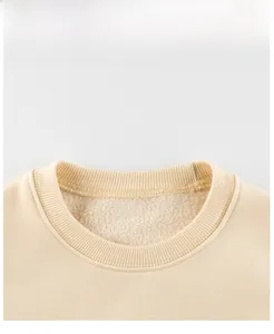 Close-up of beige crew neck sweatshirt featuring ribbed collar and warm fleece lining