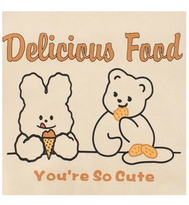 Detail of cute bunny and bear graphic print with Delicious Food text on beige fleece hoodie