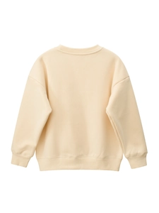 Back view of beige drop-shoulder sweatshirt for girls with ribbed cuffs and hem
