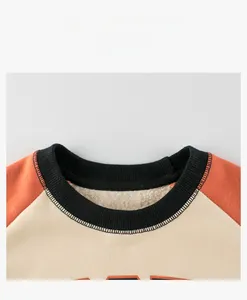 Detail of baby sweatshirt featuring black ribbed collar and warm cream fleece lining