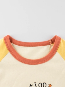 Kids long sleeve t-shirt detail showing orange ribbed crewneck and star print
