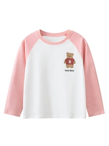 Mädchen Casual 100% Baumwolle Langarm T-Shirt Mit Süßem Bären-Print Raglanärmel Kontrast Rosa Weiß Weiches Atmungsaktives Kinder Oberteil